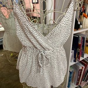 Pleated White and Black Dotted Blouse